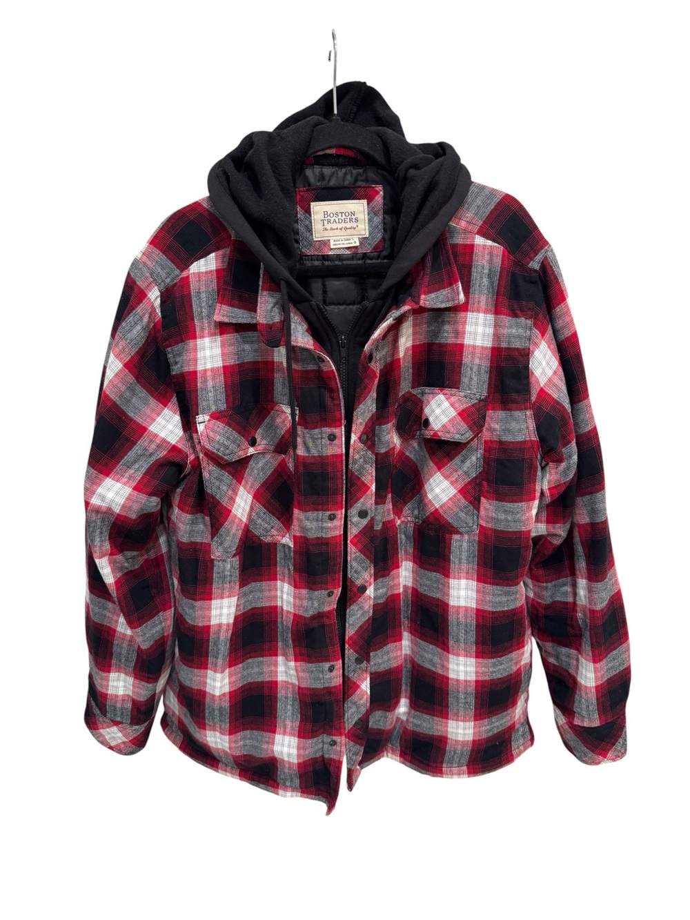 Boston Traders Jacket Men's LG Red Black Plaid Hooded Lined Flannel Zip Warm